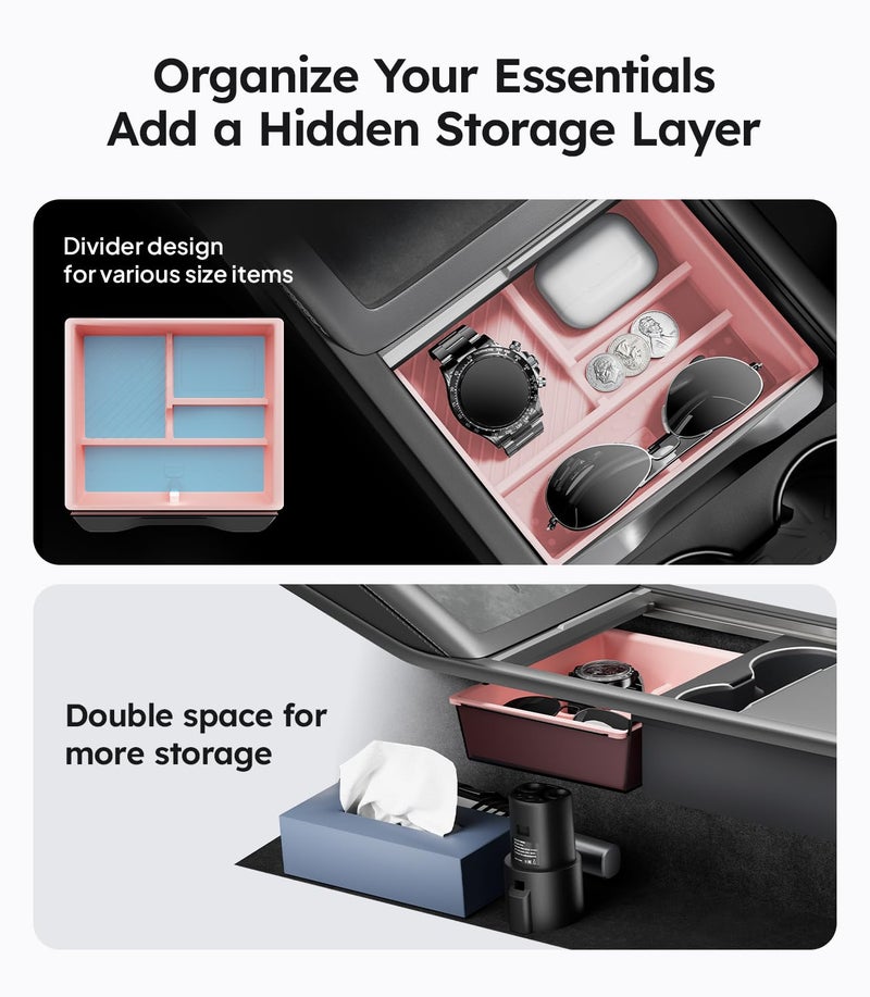 Wigoo Tesla New Model Y Juniper & Model 3 Center Console Organizer [Double Layer Space, Slide smoothly] Model 3 (2024~2025)/New Model Y Juniper Accessories, 4PCS Pink - Image 4